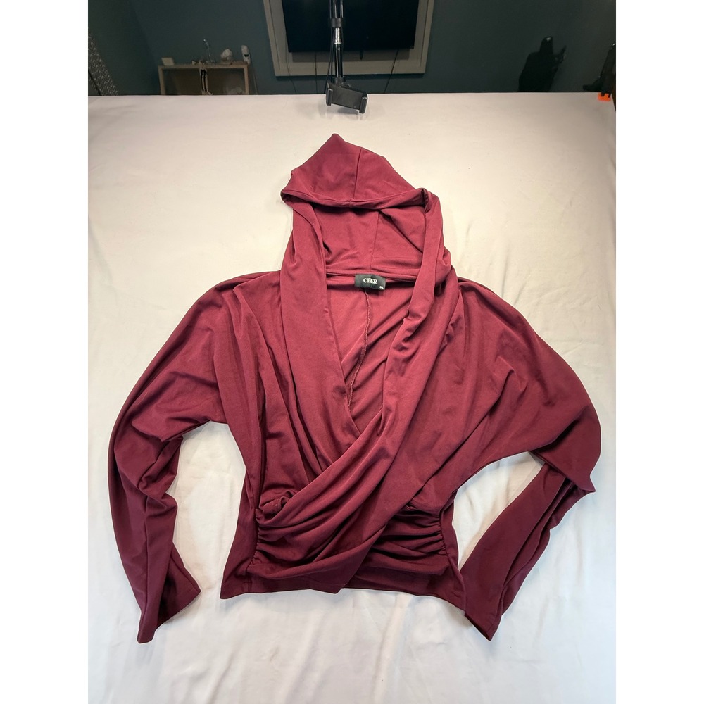 Cider Women 1XL Burgundy Wrap Front Hooded Top Long Sleeve Ruched Surplice Top